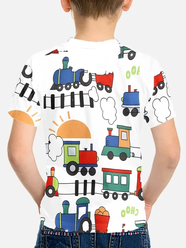 2024 Kids Clothes Cartooon Train Sun White T-Shirt For Boys Kids Clothes Children's Boy's Clothing Short Sleeve Tops Top Shirts