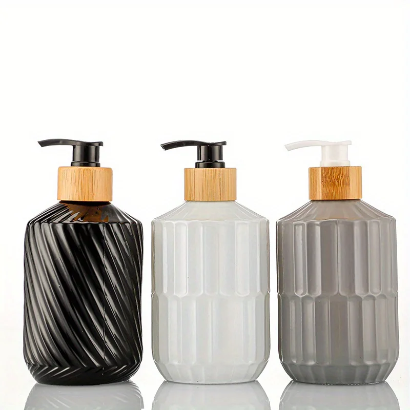2PC Soap Dispenser Bottle Bamboo Lid Soap Dispenser Bottle Vertical Stripe Refillable Pump Bottle for Bathroom Kitchen Hand Soap