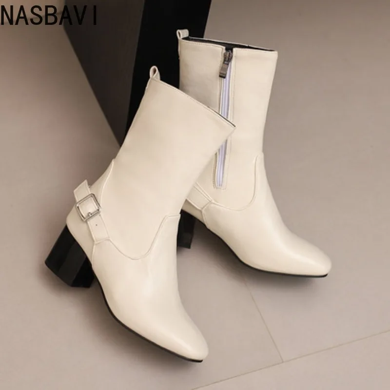 

Mid-calf Boots for Women 2025 Winter Autumn Shoes Black Beige Short Boot Water-proof Block Heels Footwear Shoes Unisex Big Size
