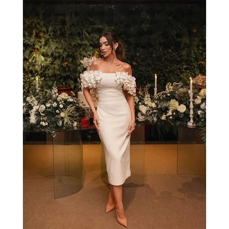 

Customized Off Shoulder Straight Prom Dresses Handmade Flowers Slit Buttons Back Evening Dress Tea Length Wedding Party Dresses