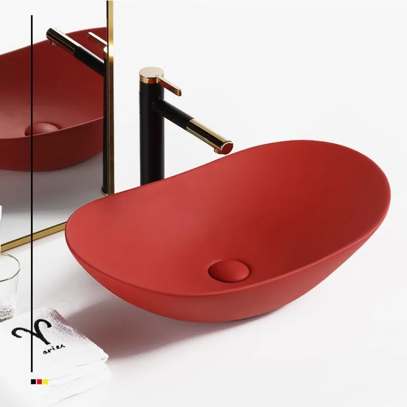 Nordic Red Oval Thin Edge Sink Ceramic 60CM Bathroom Counter Basin Artistic Basin Boat Type