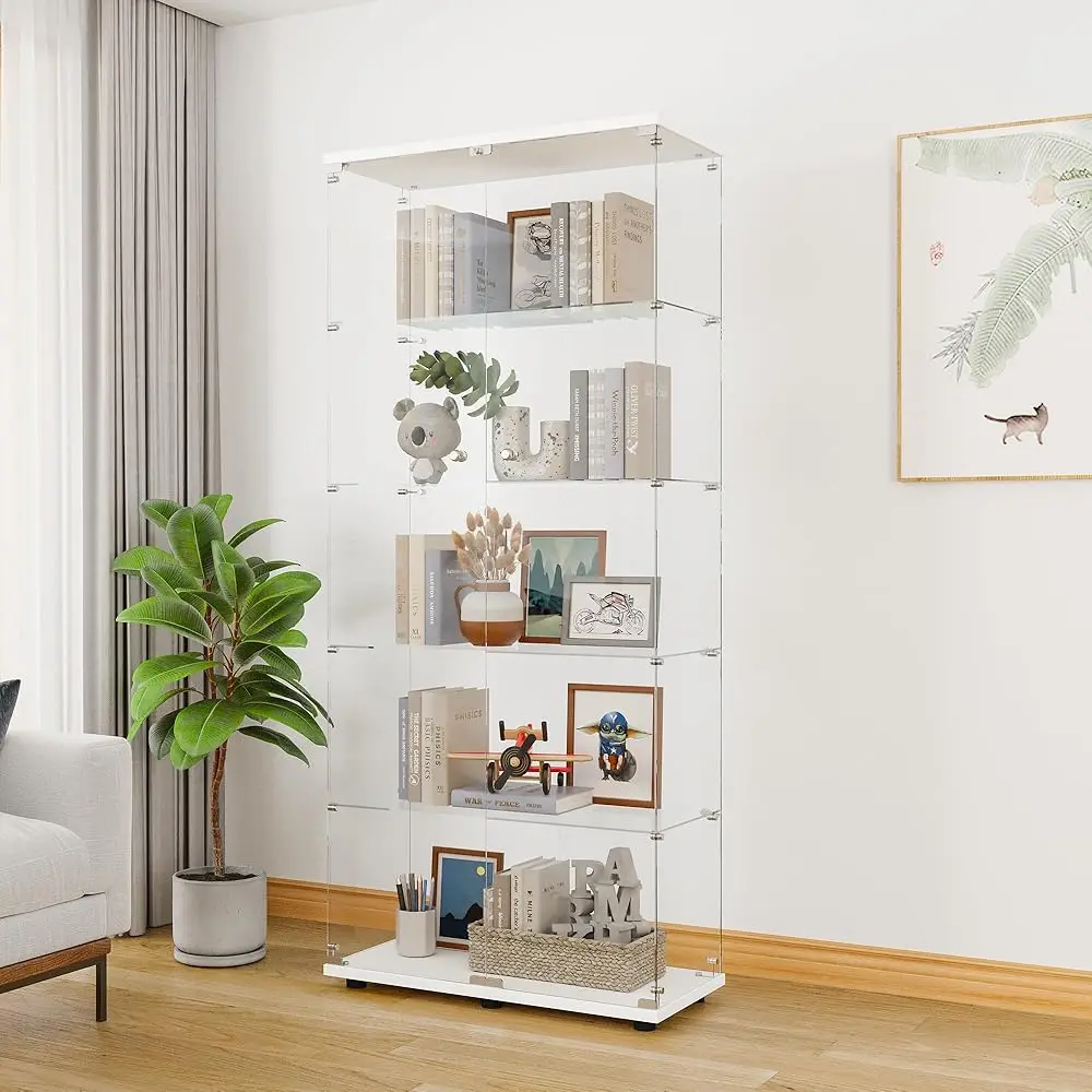 

Glass Display Cabinet 5-Shelf With 2 Doors And Lock, Curio Cabinets Upgraded Quick-Install Style Tempered Glass Floor Standing