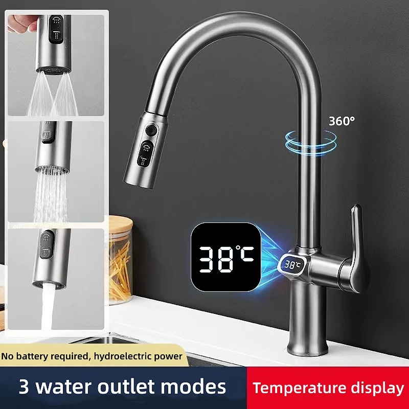 Grifo con pantalla Digital de temperatura, llave de cocina de un solo Mango, Caño extraíble, mezclador de fregadero de cocina, grifos de agua fría y