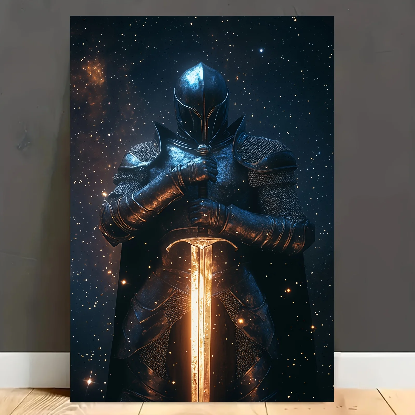 Impresión en lienzo de Caballero Celestial: Guerrero blindado con espada luminosa, arte espacial de fantasía, sin marco, para decoración del hogar y la oficina
