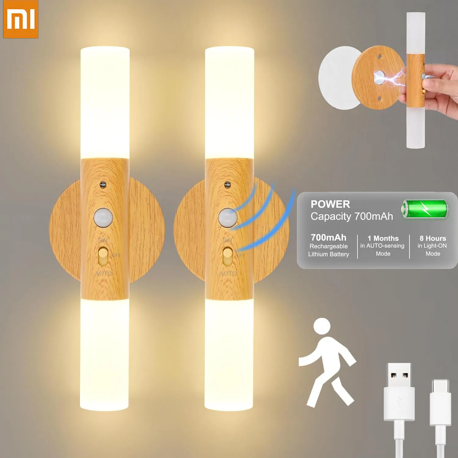 Xiaomi Wood Night Light Motion Sensor Rechargeable Wireless LED Wall Lamp Magnet Portable For Room Kitchen Stair Cabinet Lights