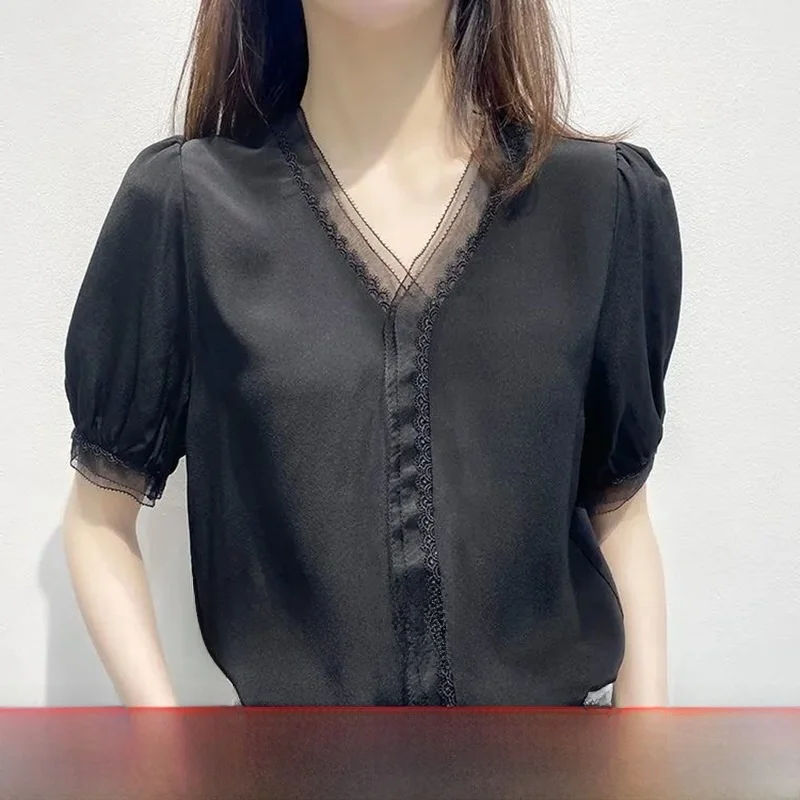 

Outlet Летний женский irt Lace Bubble Sve V-ne ort Sve Тонкий шифоновый топ Tagl Обычный крой на пуговицах Чистый цвет