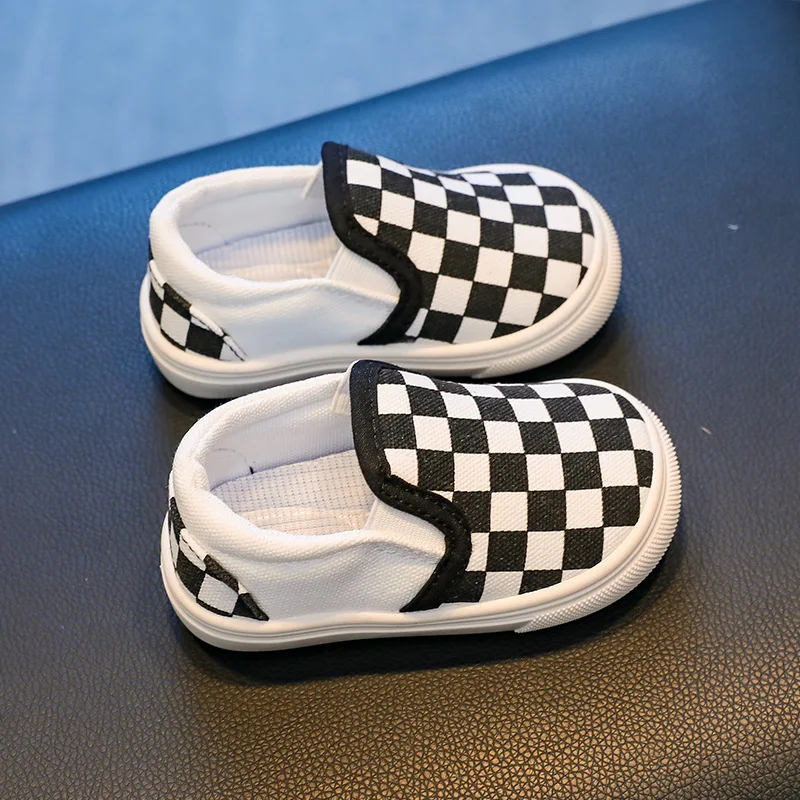 Kid Shoe Child Canvas Shoes Anti Slip Walk Shoes Soft Soled Baby Shoe Black White Checkered Breathable Board Shoes for Boy Girl