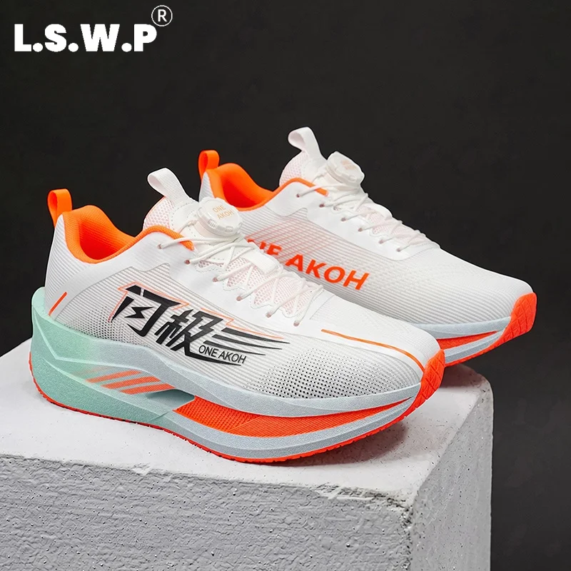 Men's Running Shoes, New Model with Automatic Dial Buckle, Unisex Lightweight Breathable Mesh Sports Shoes, Hollow-Out Thick-Soled Rebound Running Shoes, Non-Slip Wear-Resistant Long-Distance Training Shoes, Outdoor Fi