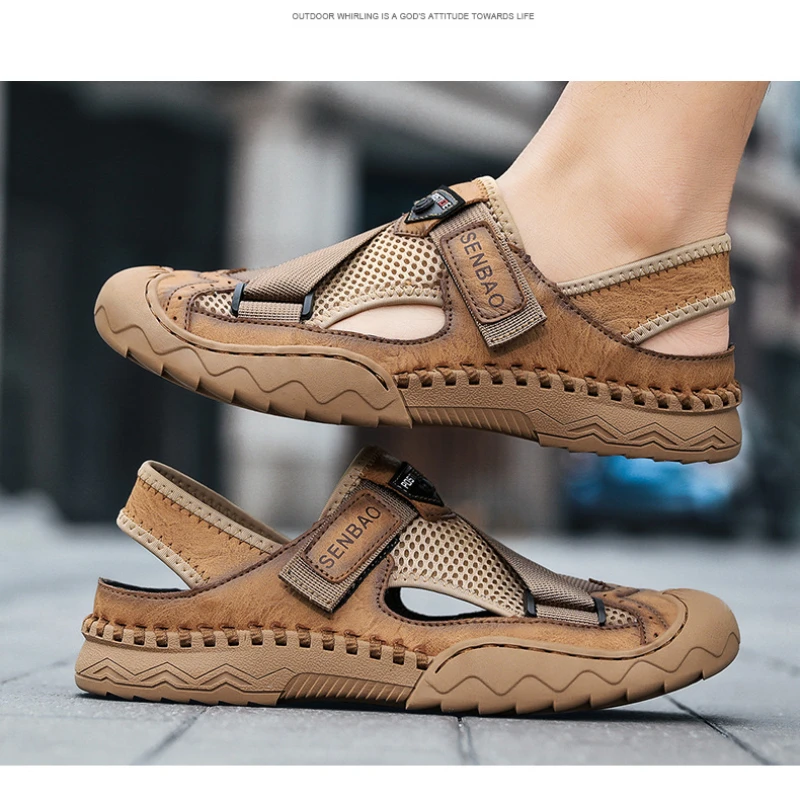 

Спортивные пляжные сандалии для отдыха на открытом воздухе, мужские летние дышащие сетчатые туфли, модные мужские сандалии из мягкой кожи на плоской подошве