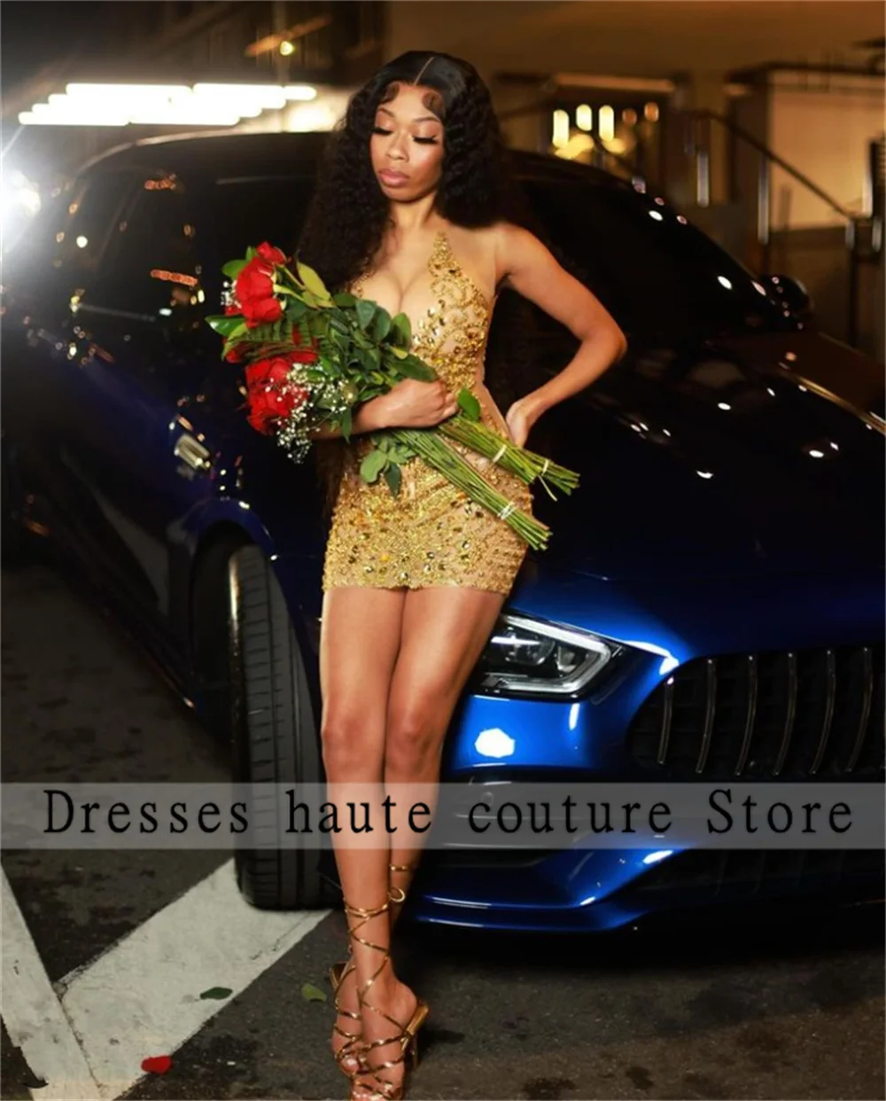 Sexy Black Girl Short Prom Dresses 2025 Gold Crystals See Through Women Cocktail Gowns For Birthday Party Dress Customized