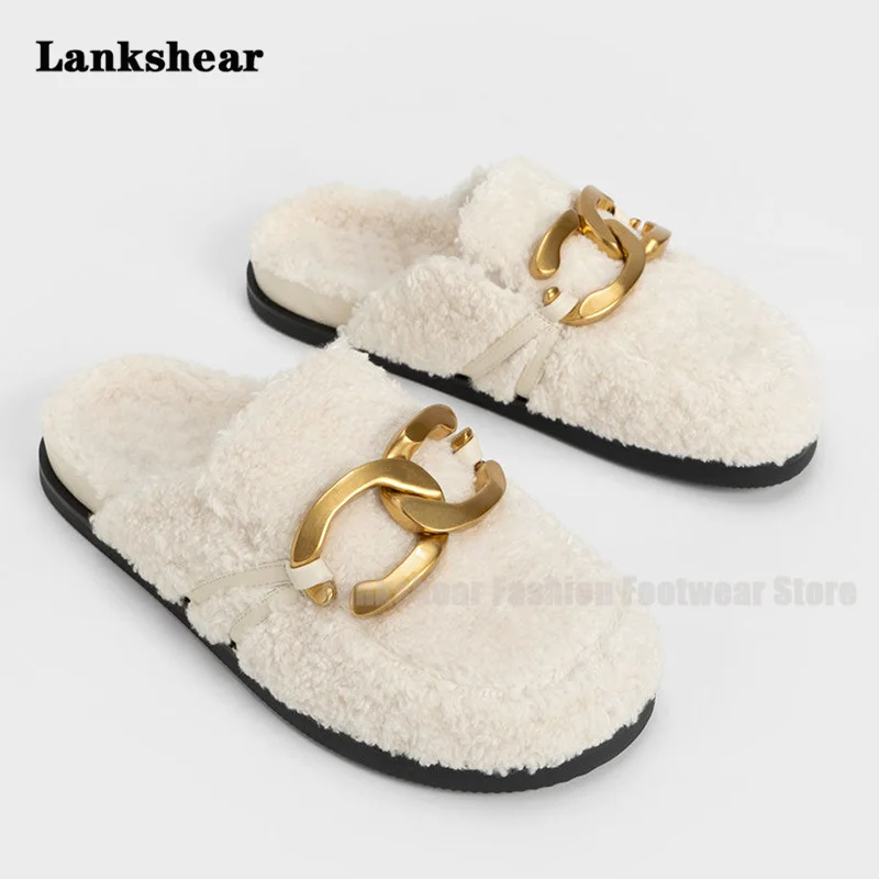 Thick Sole Woolly Half Slippers for Women Autumn and Winter Female Lamb Wool Metal Buckle Head Shoes Flat Cotton Slippers