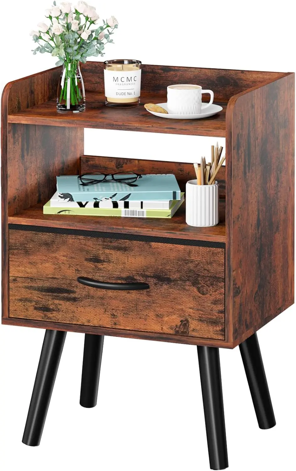 

Night Stand with Fabric Drawer, Modern Nightstand, Bedside Tables, Mid Century Nightstands with Open Storage Shelf, Wood