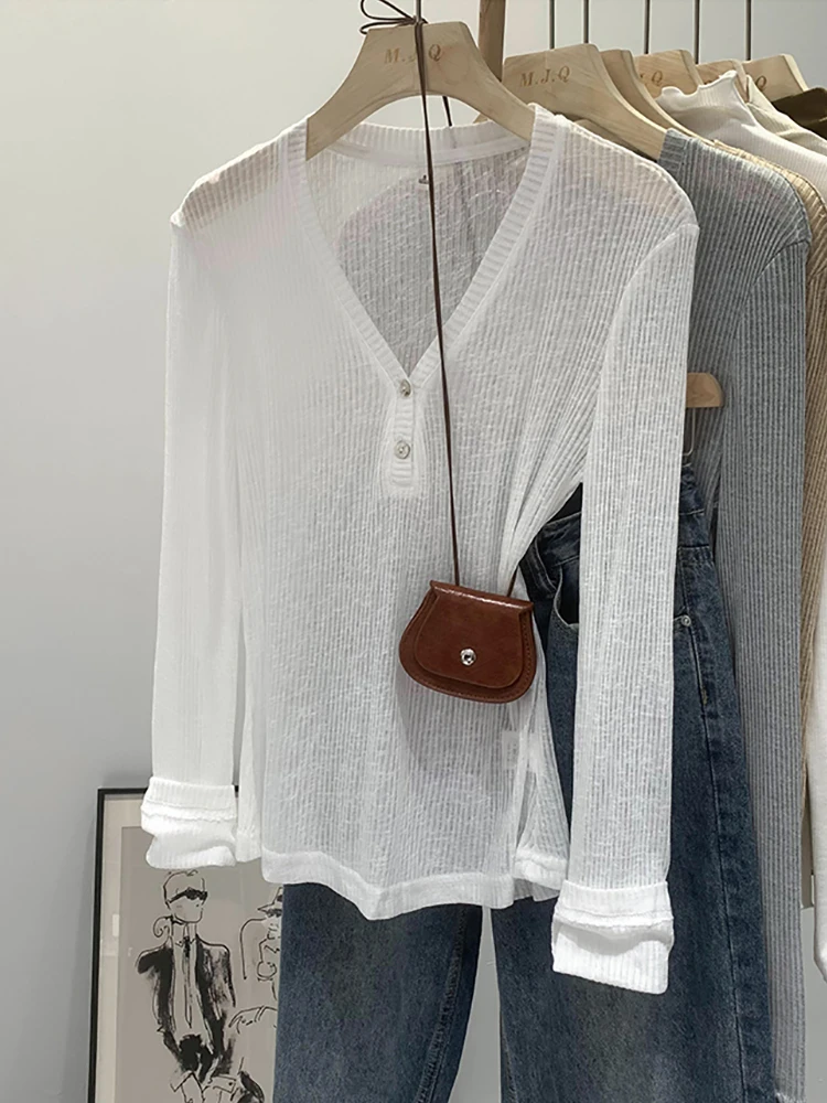 Black Long Sleeve T-shirt For Women V Neck Button Tshirts Sexy Slim Korean Thin Spring Summer White Tops Basic Tee Shirt Clothes