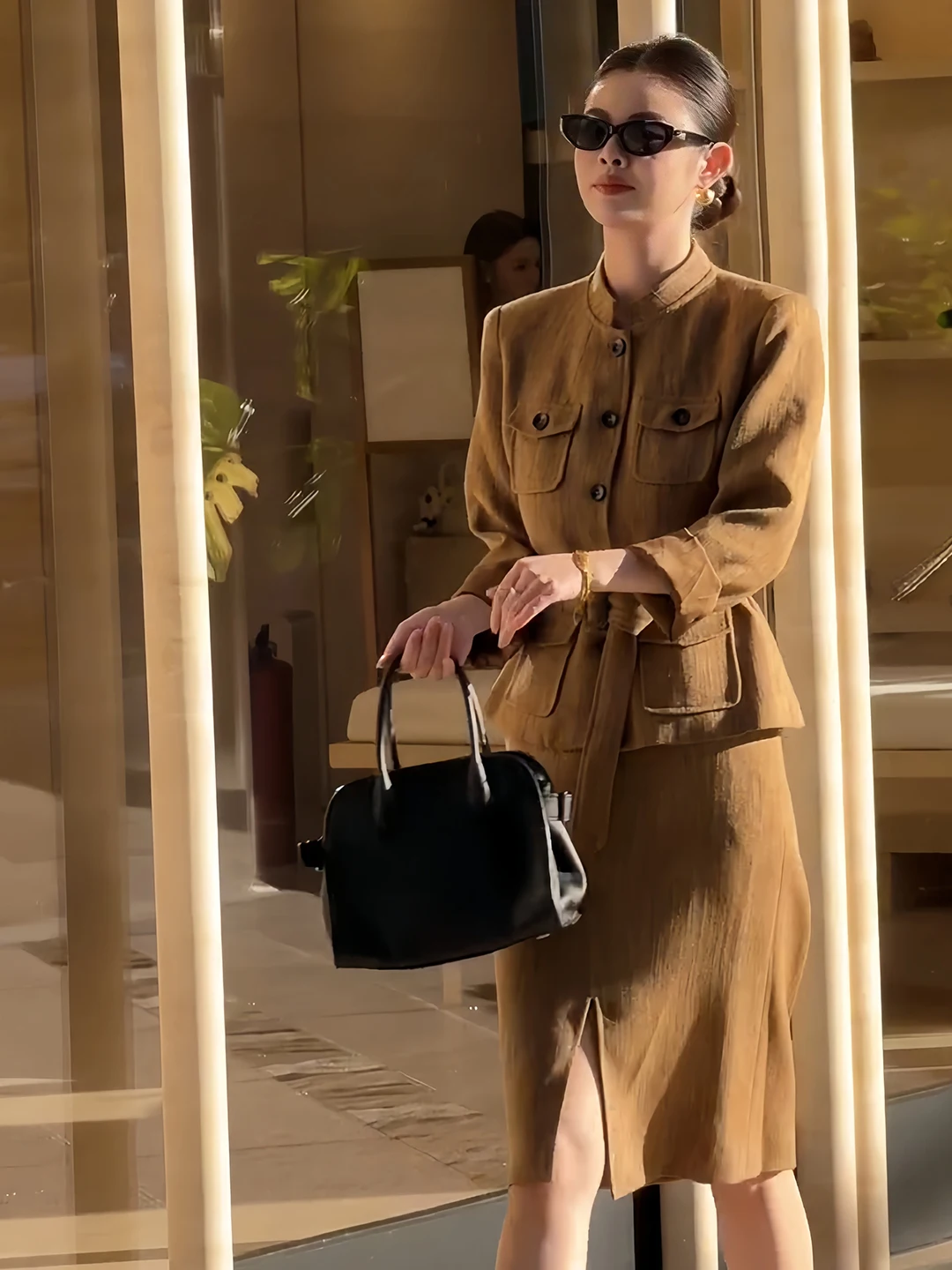 High-End Linen Fashion Jacket Set Women's Autumn 2026 Elegantly Tailored Stand Collar Top with Midi Skirt Two-Piece Ensemble