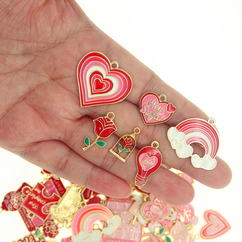 10pcst Valentine's Day Series Pink Collection Heart Metal Enamel Alloy Charms for Necklaces Earrings DIY Jewelry Making Pendants
