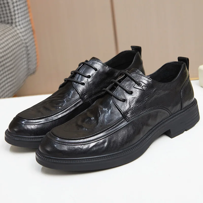 LIHUAMAO Cow Leather Men's Shoes Oxford block heel Derby Shoes Retro Lace up Casual Work Shoes Footwear Outdoor leather shoes