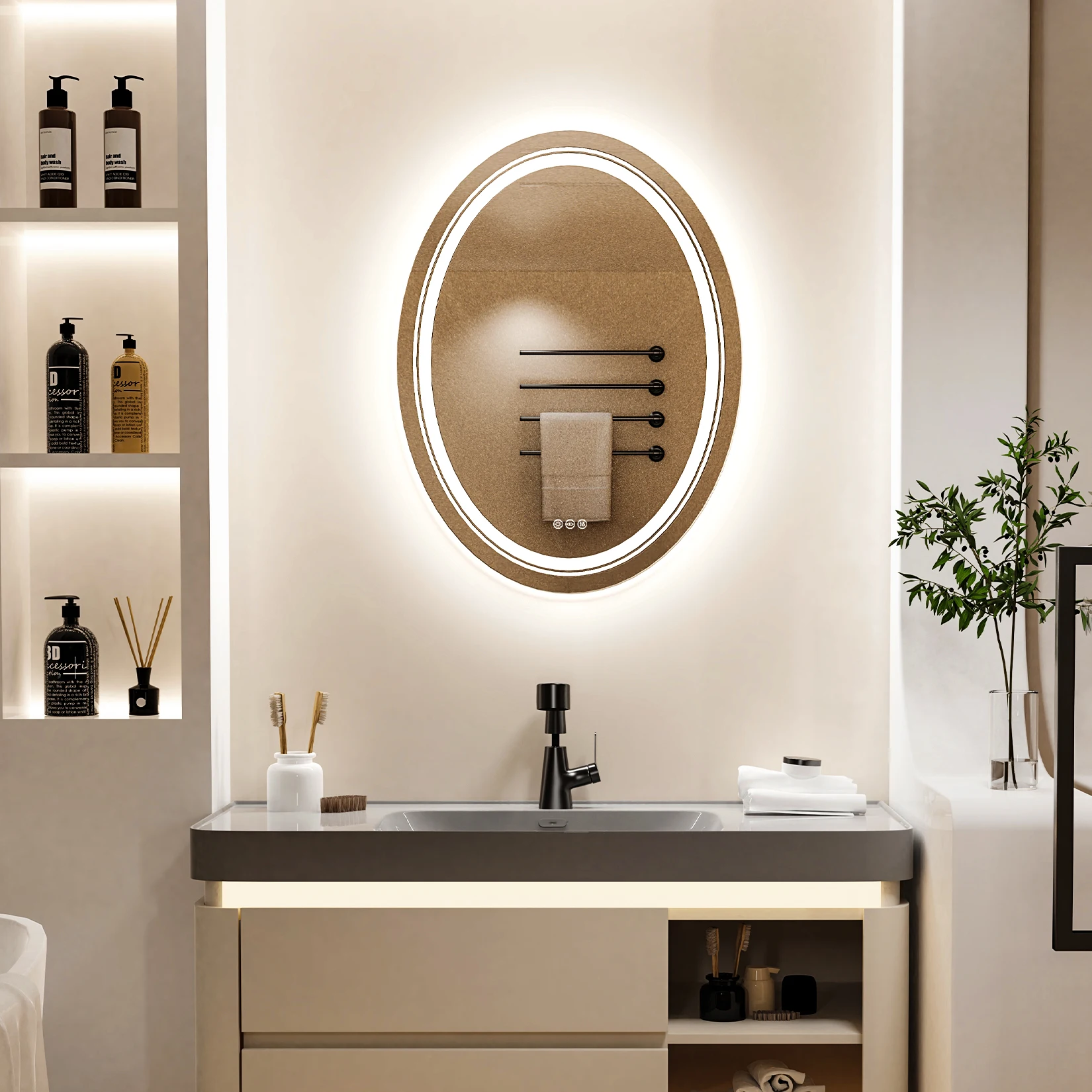 Large Oval LED Bathroom Mirror Lighted Mirror Anti-Fog Vanity Bathroom Backlit Dimmable Wall Mounted 3 Colors Memory with Plug