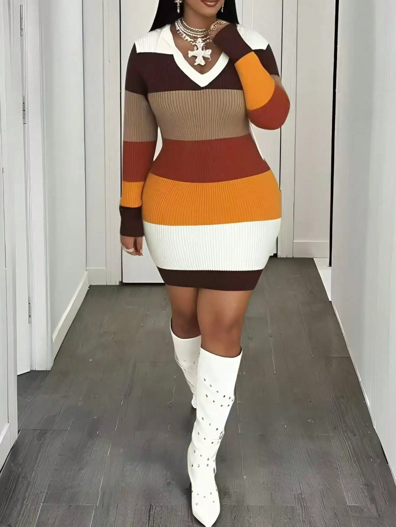 

Women's Color Block V-Neck Knitted Bodycon Dress, Long Sleeve Mini Dress for Autumn Winter Streetwear