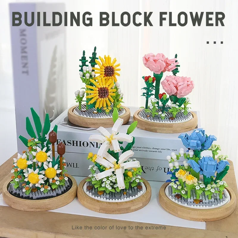 

Eternal rose bouquet, potted sunflowers, assembly of small building blocks, desktop decorative toys, gifts