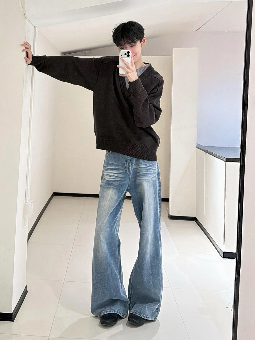 

Light Blue Waed Pattern Men's Jeans Spring American High Street Micro Flared Cleanfit Knife Pants