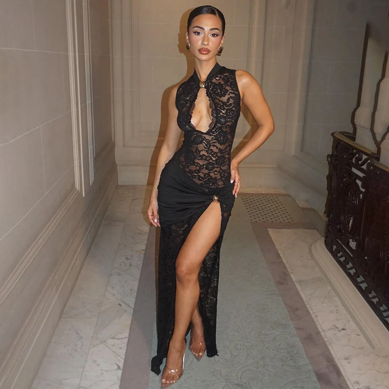 Sexy schwarzes Spitzen-Blumen-durchsichtiges Maxikleid für Damen, ärmellos, aushöhlen, Patchwork, hoher Split, Abschlussball, Nachtclub, Party, langes Kleid