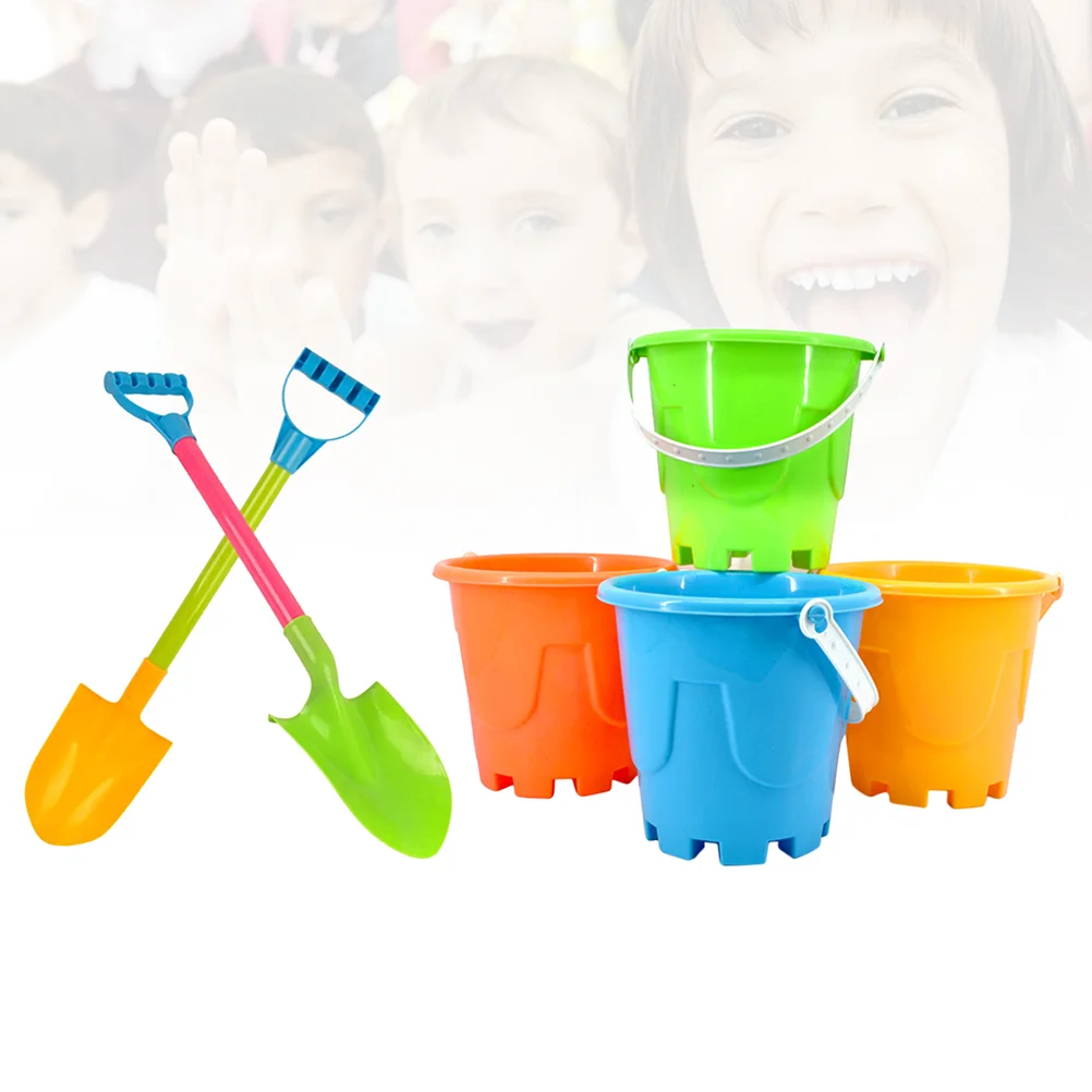 

6pcs Baby Beach Sand Toy Suit Plastic Bucket Puzzle Children Early Education Toy Model Set(4 Beach Buckets + 2