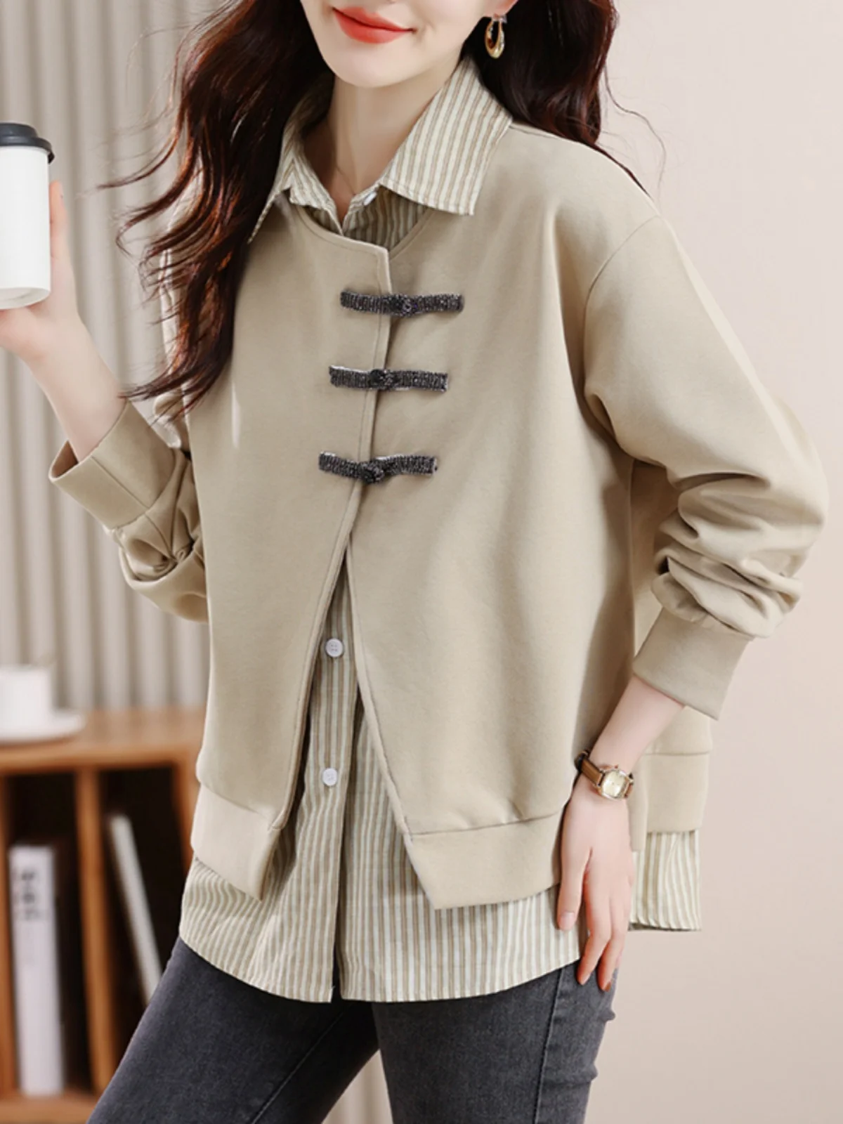 

Ретро-топ в китайском стиле больших размеров с длинным рукавом, одежда для беременных, повседневная свободная одежда из полиэстеровой смеси, тонкая зимняя одежда