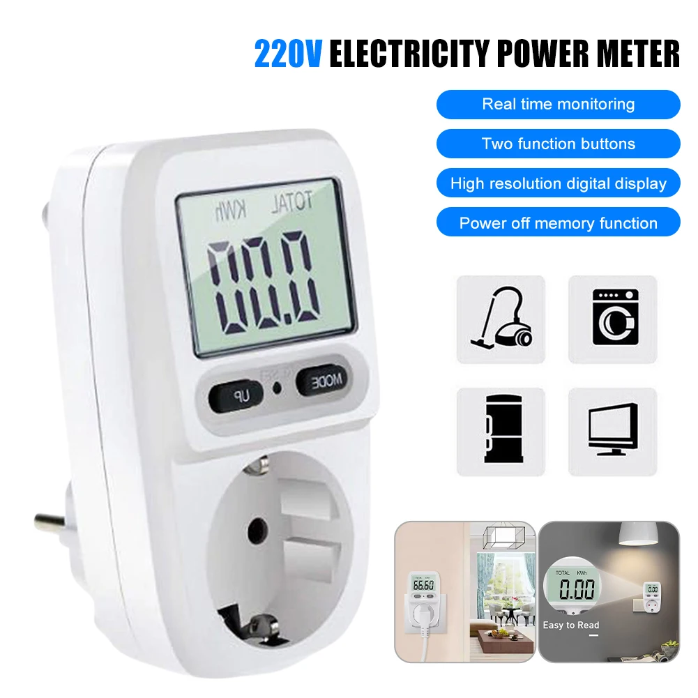 Medidor de potencia Digital LCD, vatímetro con enchufe europeo, 220V, Kwh, voltaje, corriente, frecuencia, Monitor de electricidad