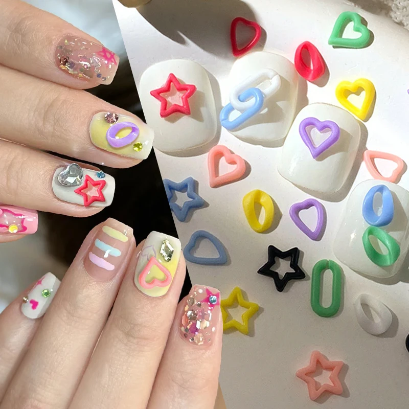 50PCS Kawaii Mixed Colors 3D Nail Art Decorations Charms Accessories Pink Purple Star Heart Manicure Parts