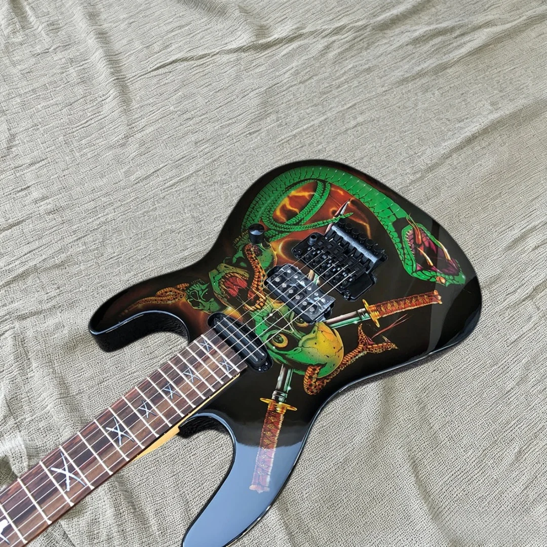 Snake & Skull Graphic Solid Body Electric Guitar, Rosewood Fingerboard, Double Locking Tremolo