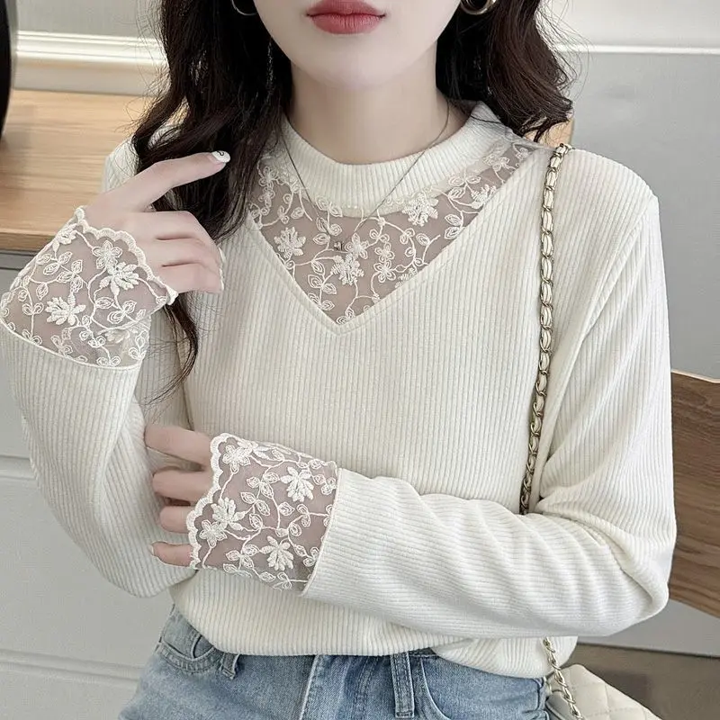 Elegant Women's Knit Top With Floral Lace Detailing V Neck Long Sleeve Sweet Style Office Wear