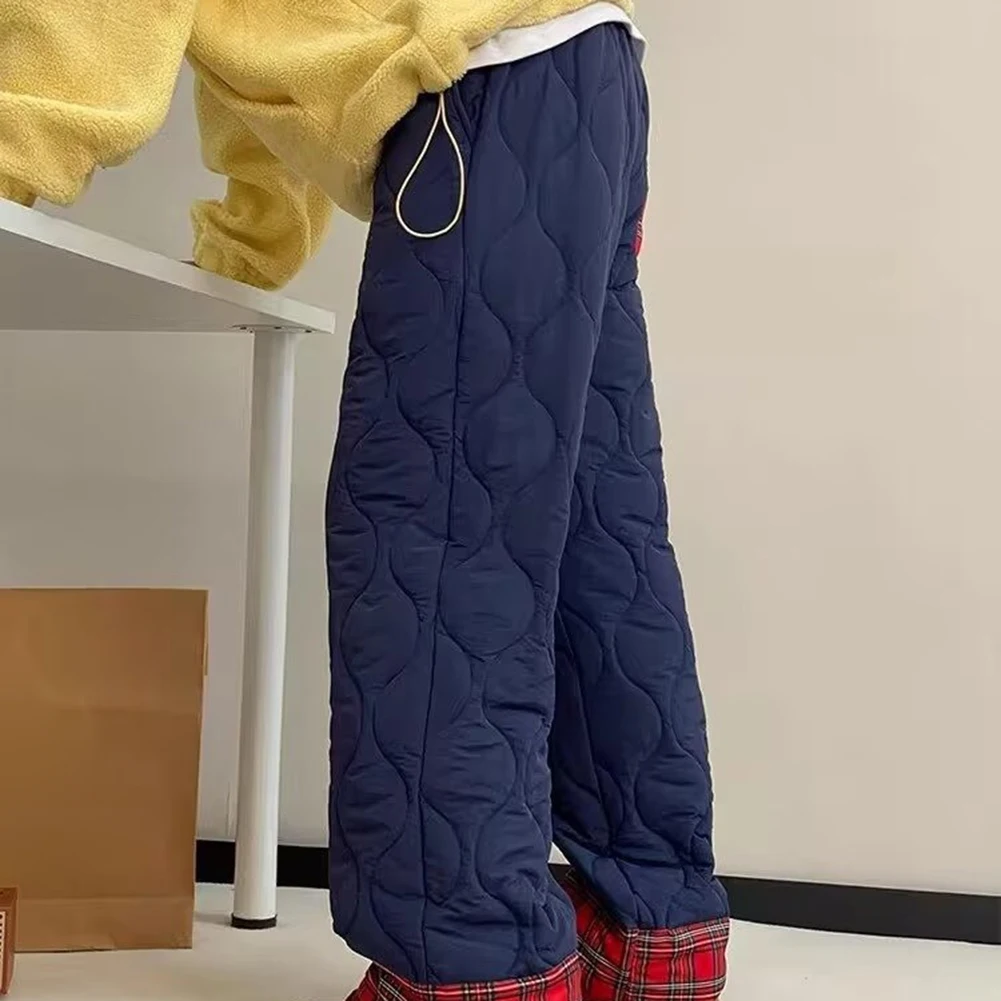 หลวมขนแกะเรียงรายกางเกงผ้าฝ้ายฤดูหนาวสําหรับผู้หญิงเอวสูงหนาขนแกะอบอุ่นหลวมกางเกงขาตรงสําหรับฤดูหนาวฤดูใบไม้ร่วง