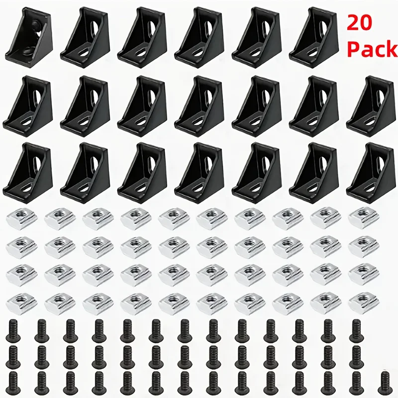 20 Sets of Aluminum Corner Brackets, Aluminum Profile Connectors, T-Shaped Slider Nuts, Black Aluminum Corner Bracket Connectors, Suitable for 2020/2060 and Other Profiles