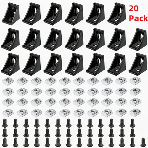 20 Sets of Aluminum Corner Brackets, Aluminum Profile Connectors, T-Shaped Slider Nuts, Black Aluminum Corner Bracket Connectors, Suitable for 2020/2060 and Other Profiles