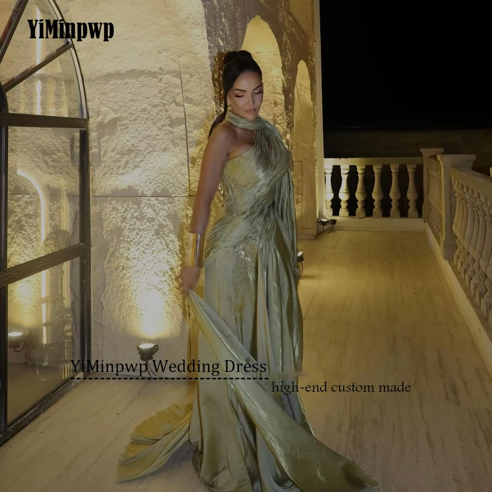 Vestido de noche verde brillante con chal, sirena de un hombro, ocasión Formal, elegante plisado, vestido de fiesta de cumpleaños árabe personalizado