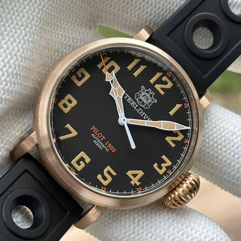 STEELDIVE SD1903S V2 46,5MM Massives Bronze-Gehäuse Schwarzes Zifferblatt Saphirglas 200M Wasserdicht NH35 Automatische Herren Bronze-Taucheruhren