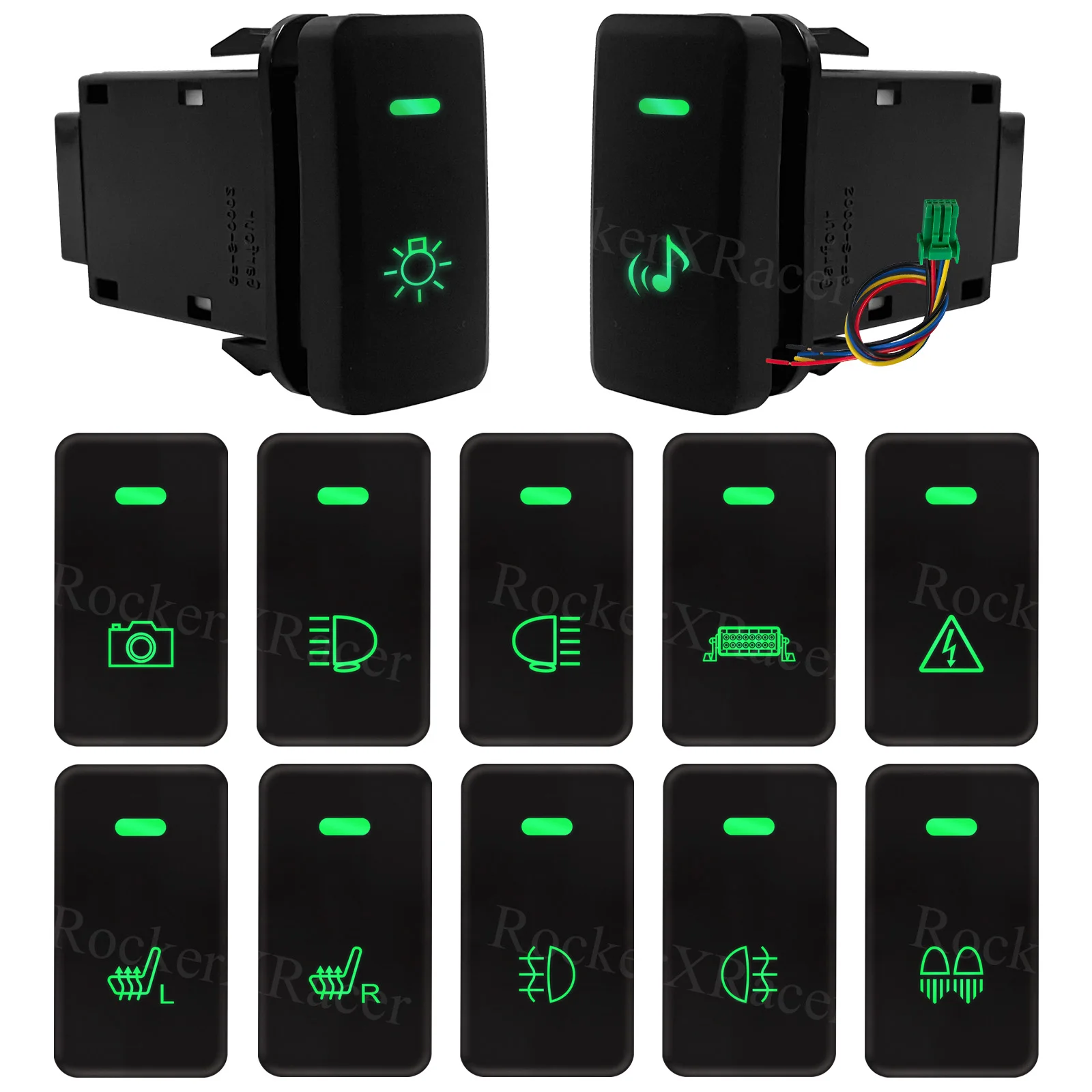 Car Push Switch Fog Light Music Radar ON-OFF Green LED Bar Button For Toyota FJ Land Cruiser LC100 Prado 120 4Runner 2003-2009