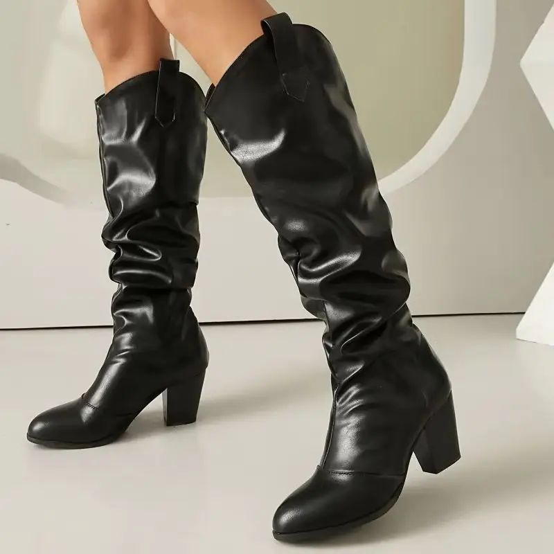 

Pleated Winter Knee High Boots Black Women's High Boots Casual Block Heels Fashion Long Footwear Shoes Ladies Female Water-proof