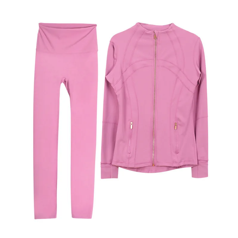 أطقم تمرين ضيقة للنساء، سترة رياضية ذهبية بسحاب وخصر عالٍ 7/8 لباس ضيق، ملابس يوجا قابلة للتنفس بأربعة اتجاهات