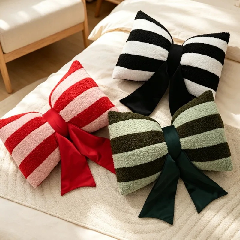 Striped Bow Throw Pillow With Insert Modern Cute Plush Cushion Sofa Decorative Pillow For Home Daily Use
