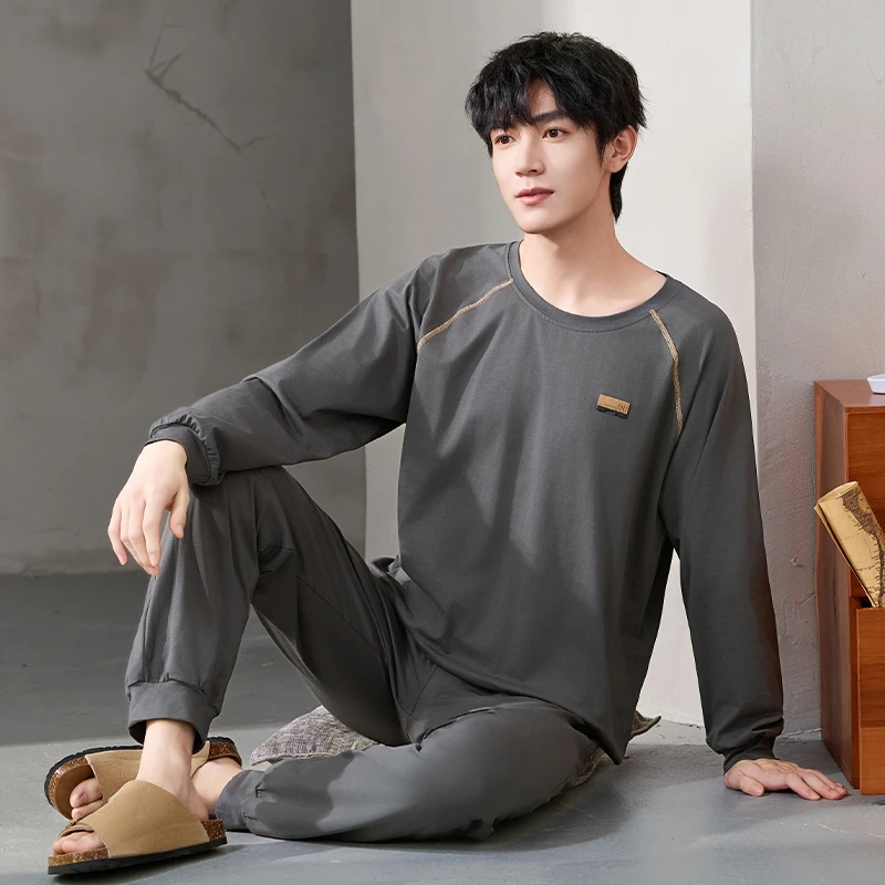 Spring and Autumn Men Pajamas Set 100% Cotton Solid Sleepwear Male Long Sleeve Casual Pyjamas