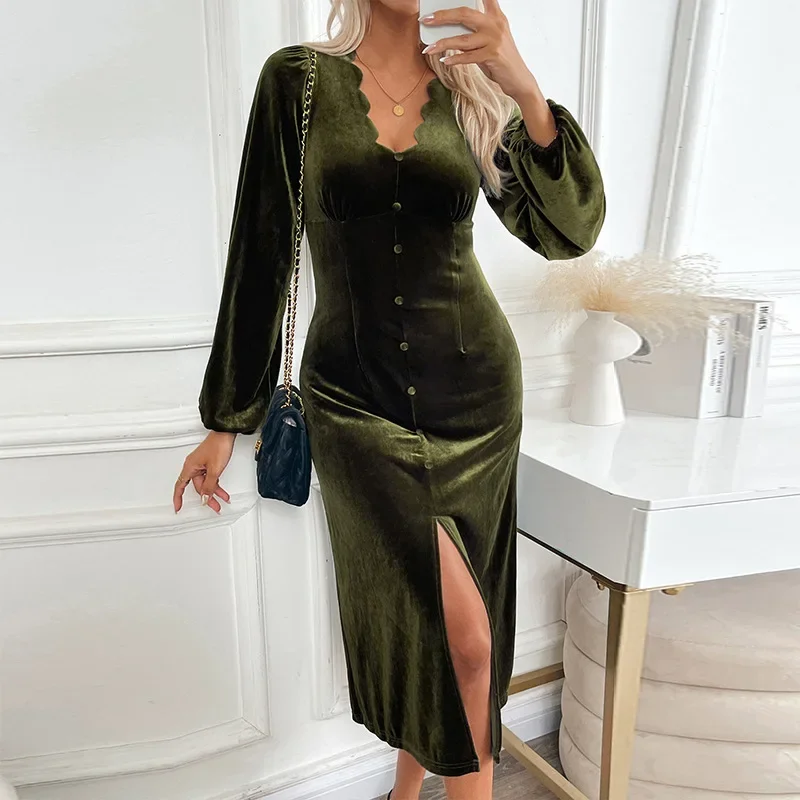 

Solid Color Velvet Temperament Dress with Lace Collar, Women's Autumn and Winter New Fashion Slim-fit Long-sleeve Split Dress