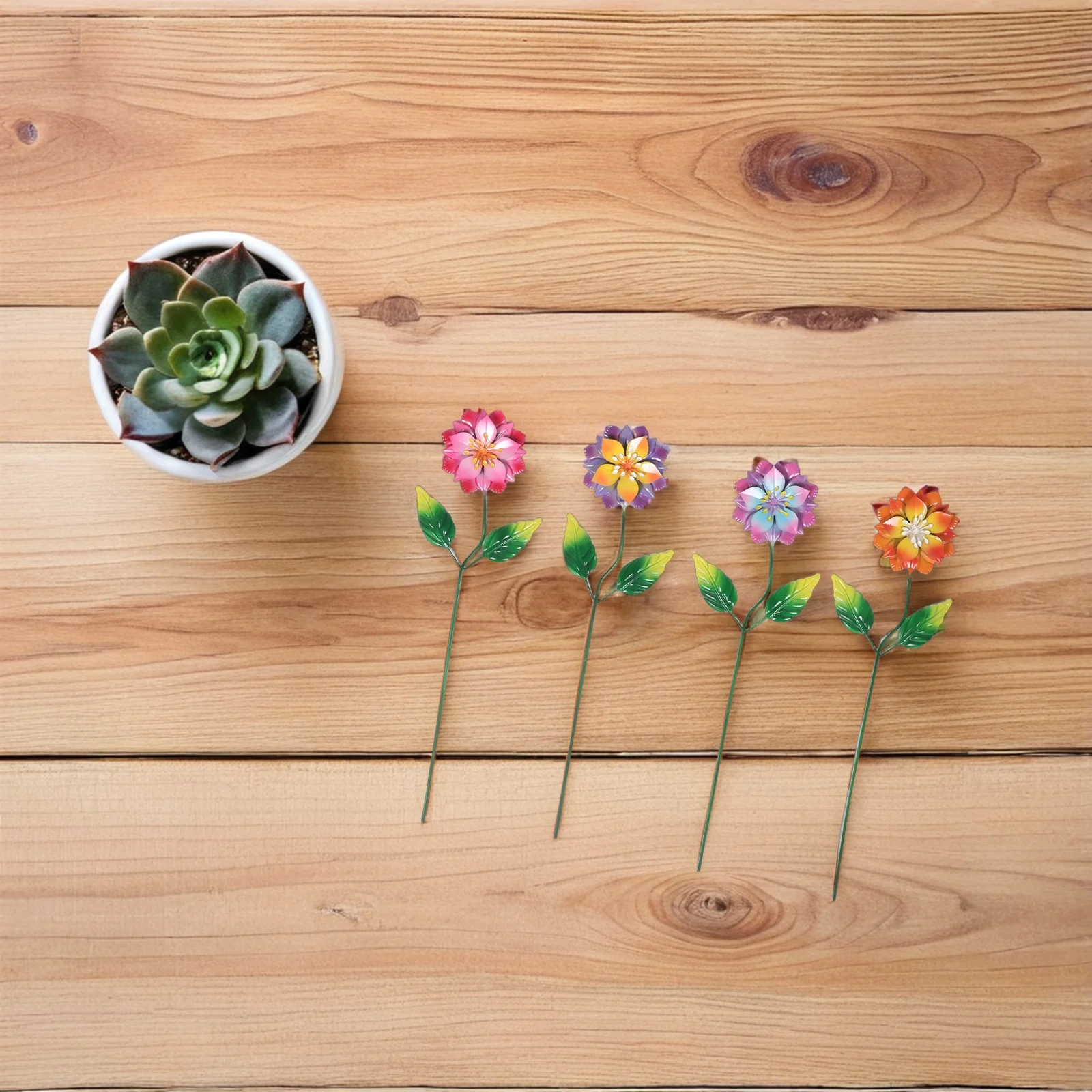 

4pcs Metal Flower Stakes Decorative Outdoor Iron Garden Art Large Daisy Yard Sculpture Lawn Decorations Windproof Weather