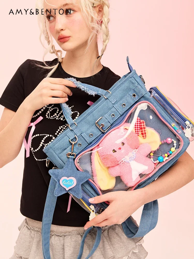 

Sweet Heavy Industry Star Pendant Pearl Shoulder Bag Transparent Large Capacity Tote Bag Preppy Style Kawaii Tote Bag Student