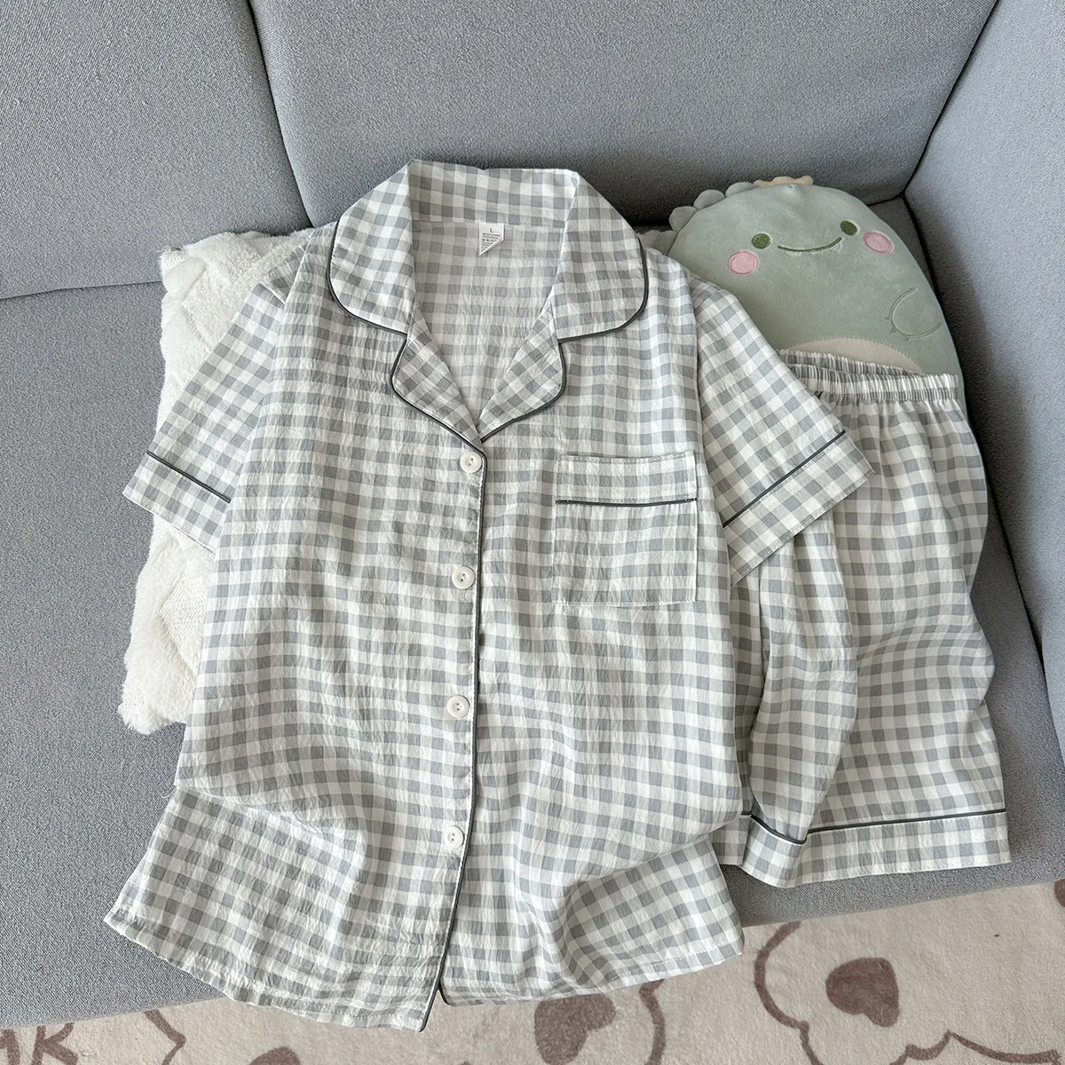 

Женский летний пижамный комплект с короткими рукавами, удобная серая рубашка в клетку с короткими рукавами, верхняя одежда, студенческая одежда для сна, домашняя одежда
