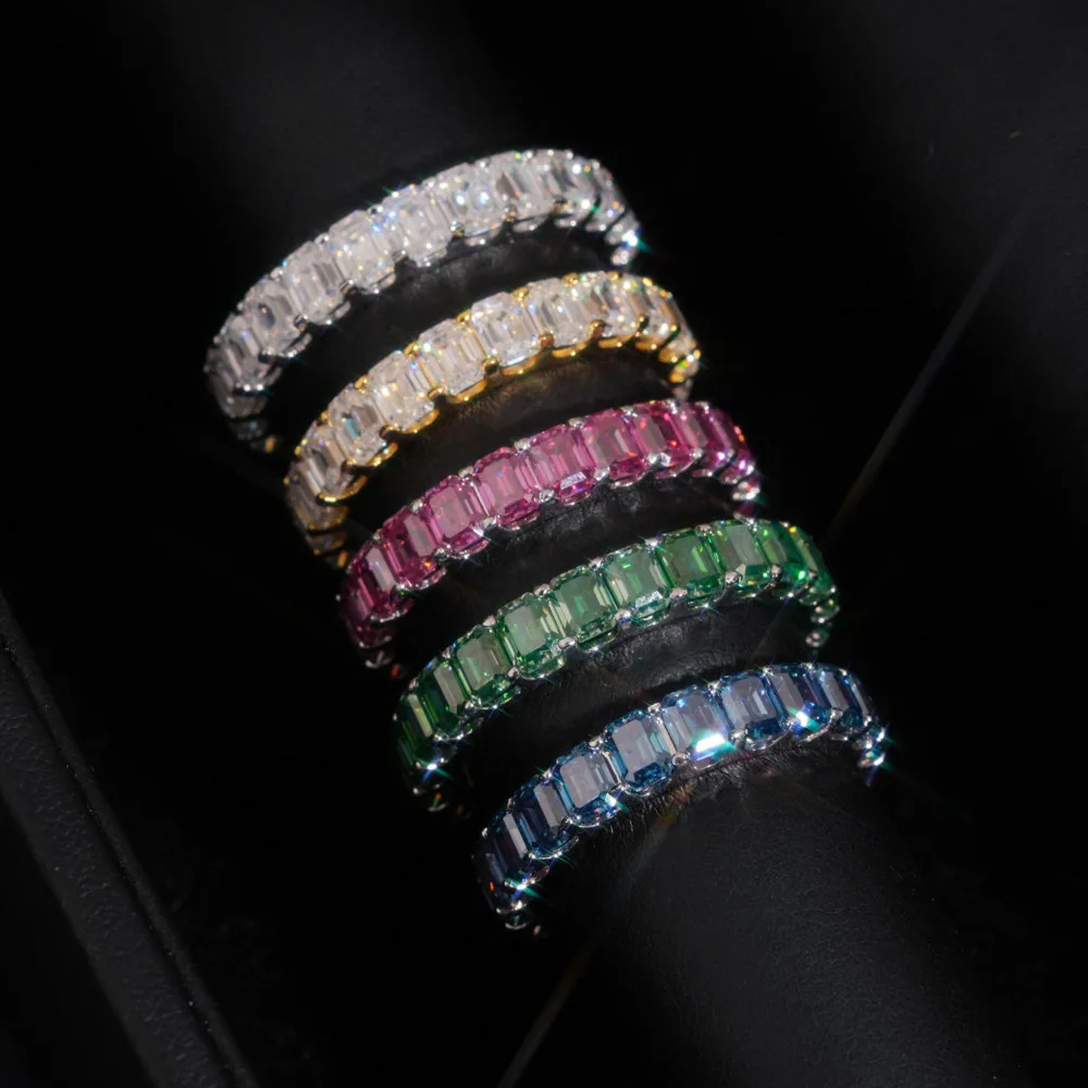 

JoyceJelly Sterling S925 Silver 3x5mm Emerald Cut Moissanite Ring Full Inlaid Colorful Gemstones Single Row Men And Women Rings