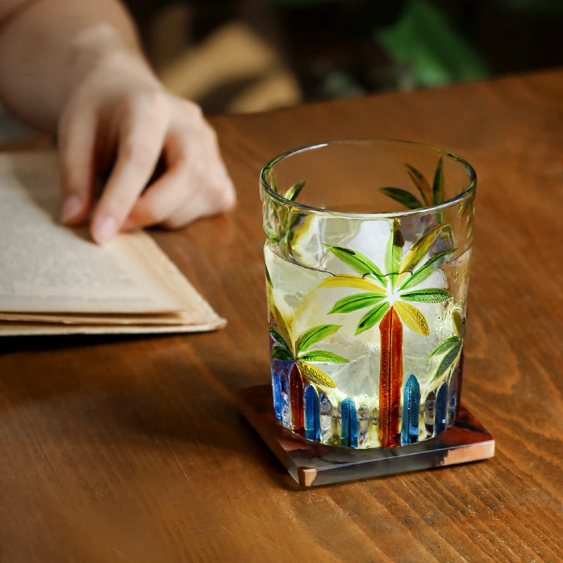 Hawaiian Coconut Tree Glass Cup Household Water Cup Retro Whiskey Liquor Cup Beer Cup Hand-painted Colorful Drinking Cup