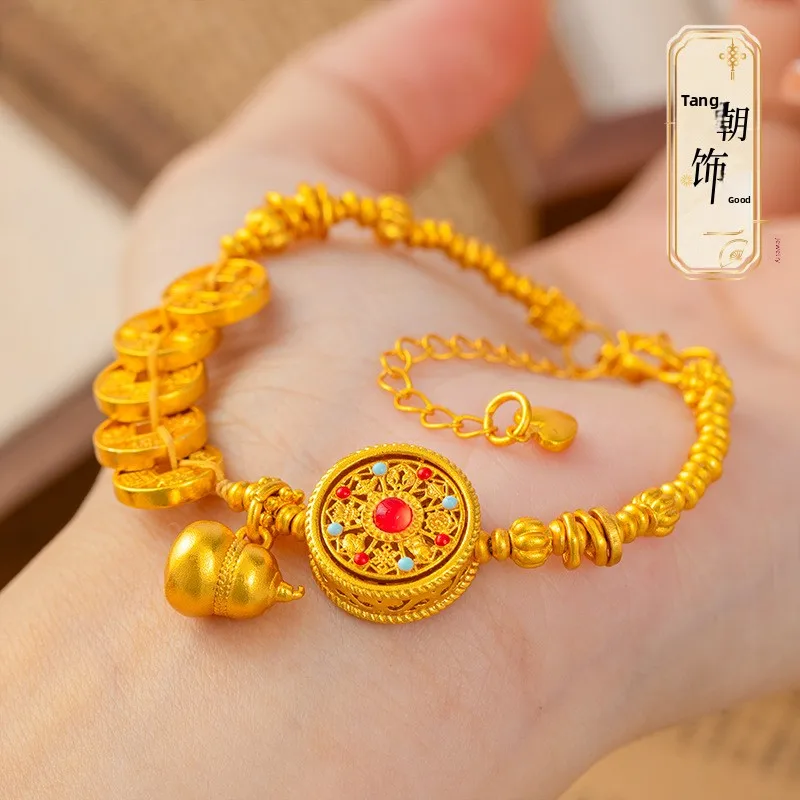 Chinese Style Lucky Gold Plated Gourd Five Emperors Coins Rotatable Compass Bracelet For Women Vintage Feng Shui Wealth Blessing