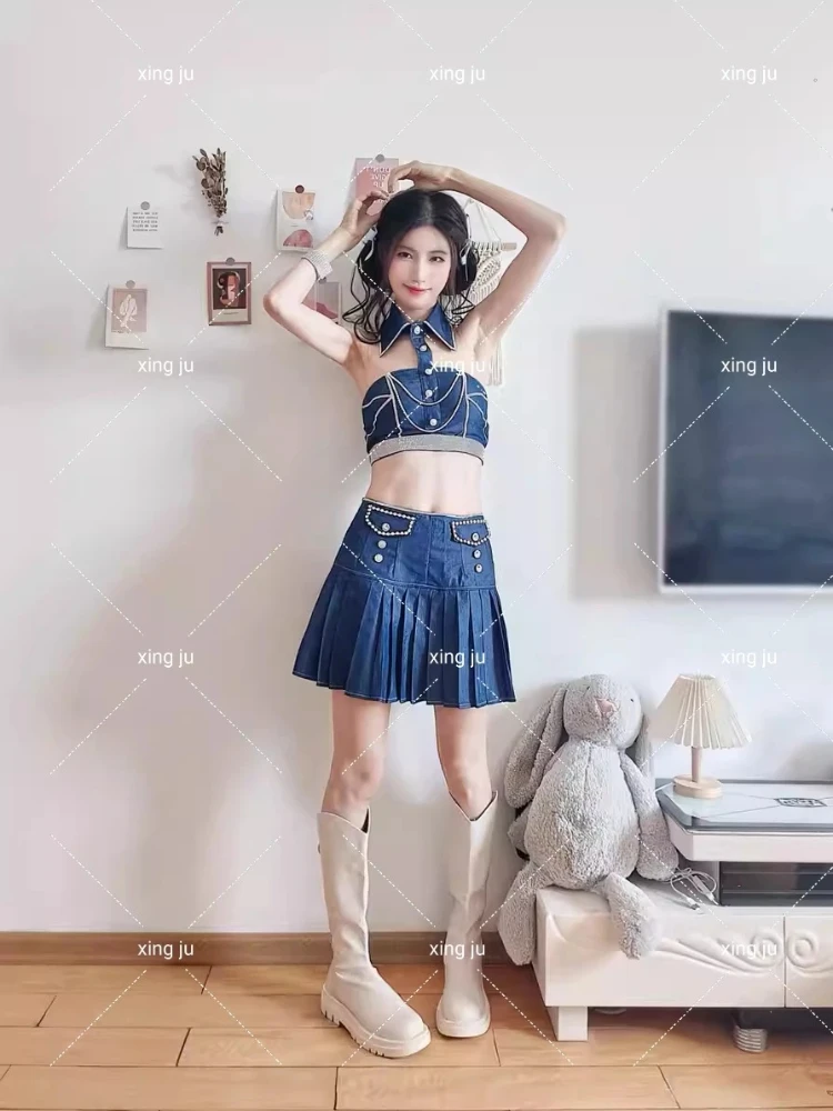 

Xing Ju Group Kpop Jazz Dance Costume Sexy Denim Short Tops Tassel Pleated Skirt Women Hip Hop Outfits Nightclub DJ Stage Wear