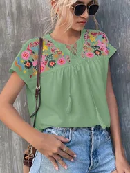 Boho White Women's Shirts Fashion Elegant Summer New Embroidered Tassel Belt Short Sleeve Shirt For Women Blouses Clothing 2024